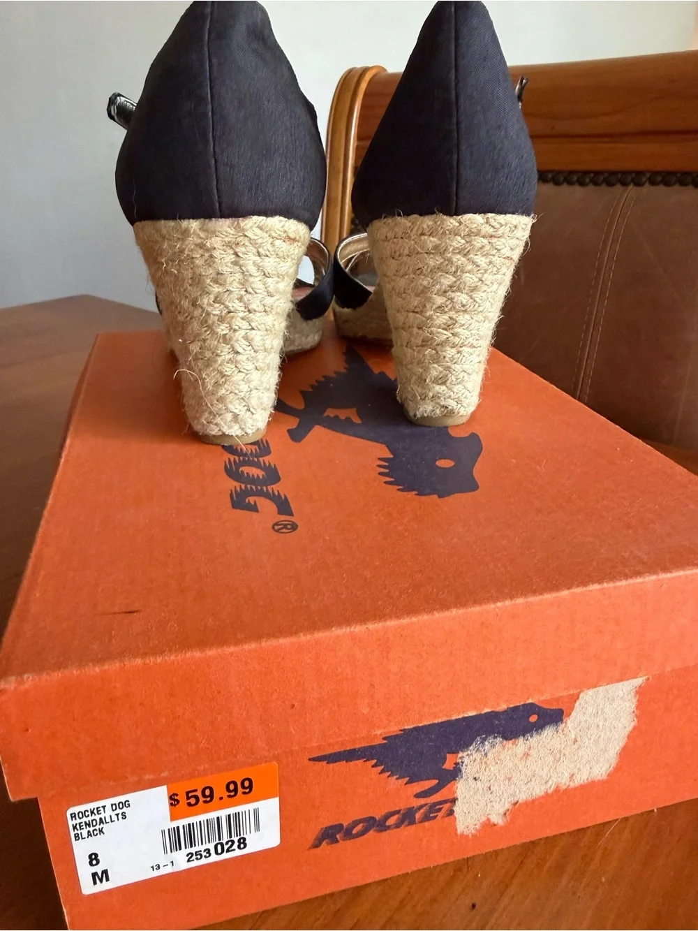 Rocket Dog Black Espadrille Wedge Sandals with Tan Rope Heel